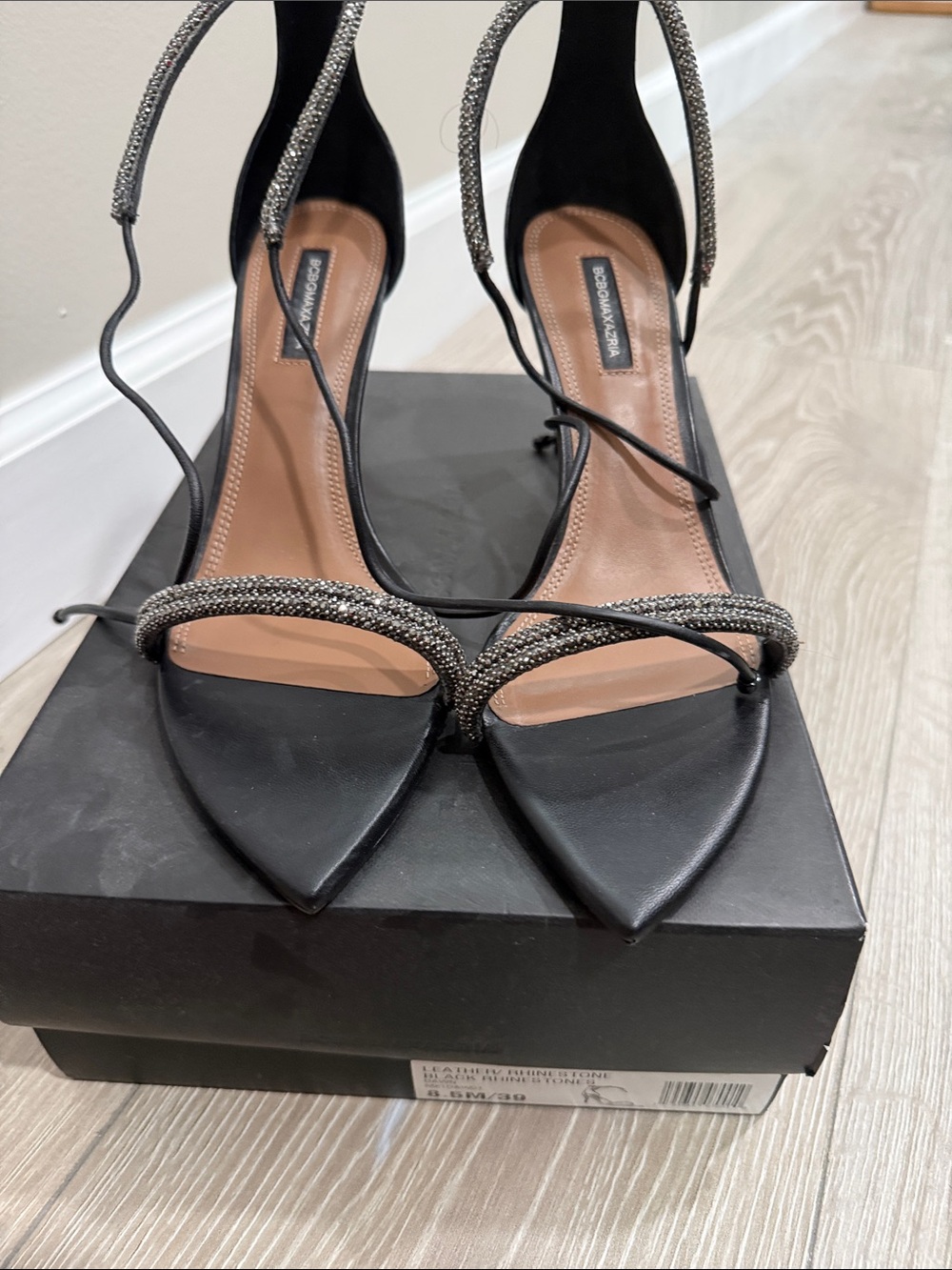 BCBGMaxAzria Black Pointed Crystal-Strap Lace-Up Heels
